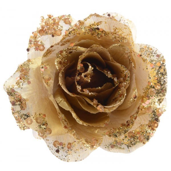 Χριστουγεννιάτικο Λουλούδι Τριαντάφυλλο με Κλιπ, Χρυσό με Στρας (14cm)
